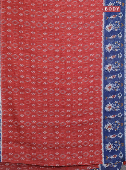 Semi linen saree rustic orange and blue with allover ikat prints and long printed border