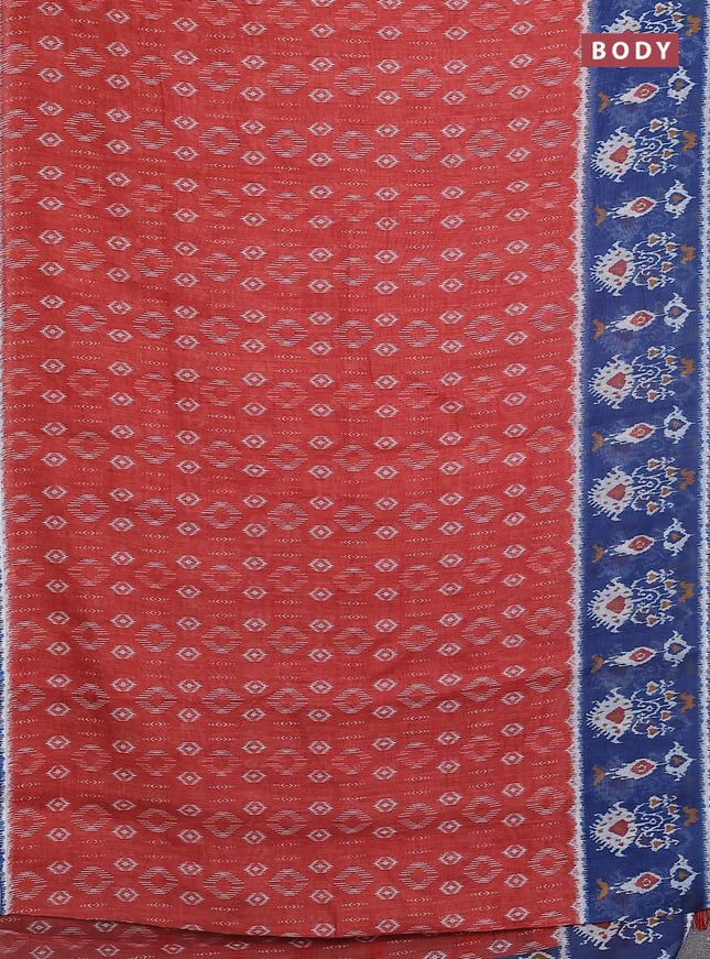 Semi linen saree rustic orange and blue with allover ikat prints and long printed border