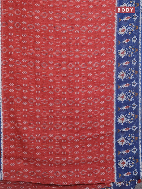 Semi linen saree rustic orange and blue with allover ikat prints and long printed border