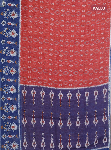 Semi linen saree rustic orange and blue with allover ikat prints and long printed border