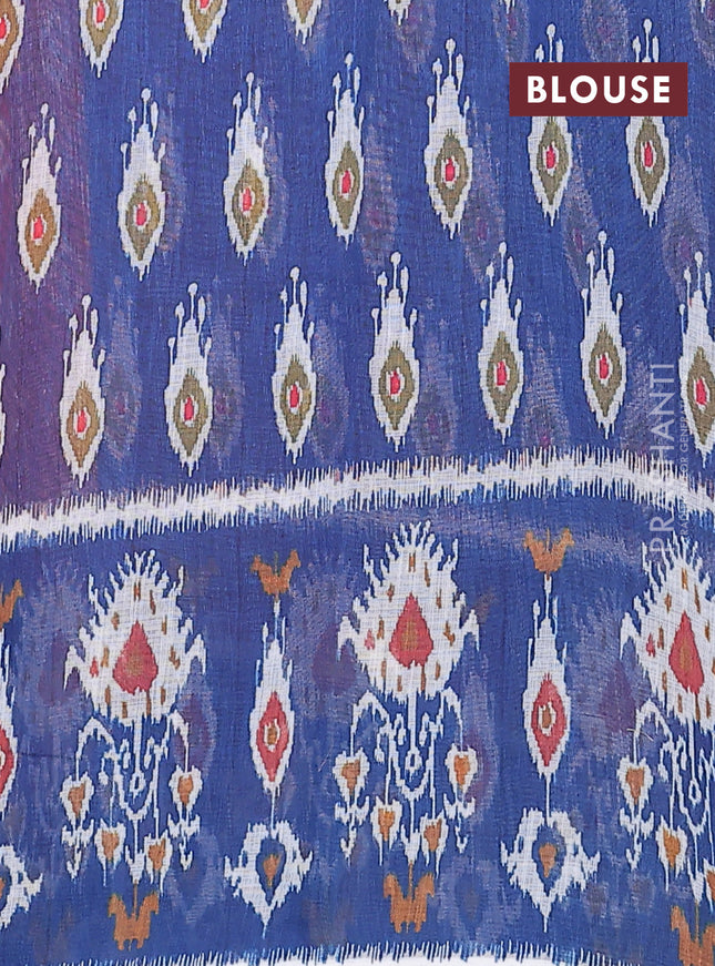 Semi linen saree rustic orange and blue with allover ikat prints and long printed border
