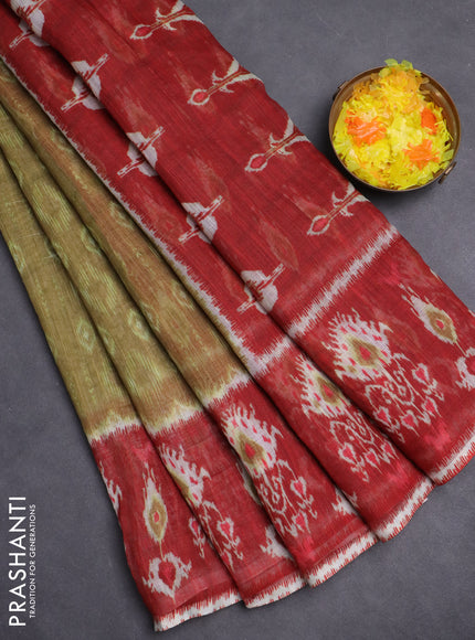Semi linen saree mustard green and red with allover ikat prints and long printed border
