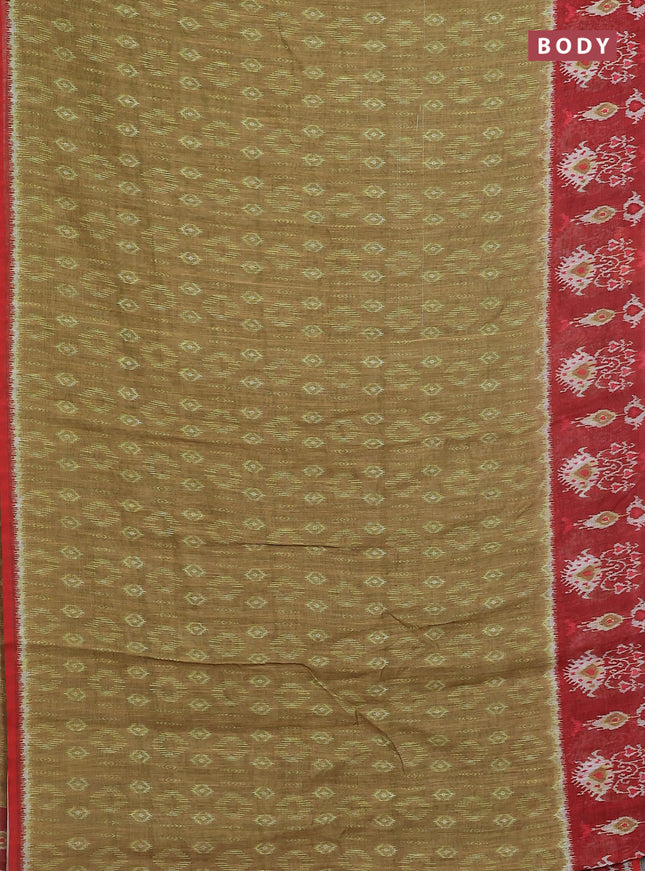 Semi linen saree mustard green and red with allover ikat prints and long printed border