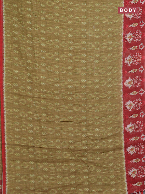Semi linen saree mustard green and red with allover ikat prints and long printed border