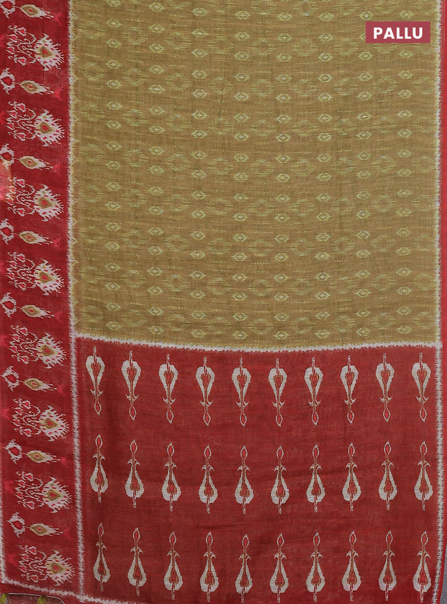 Semi linen saree mustard green and red with allover ikat prints and long printed border