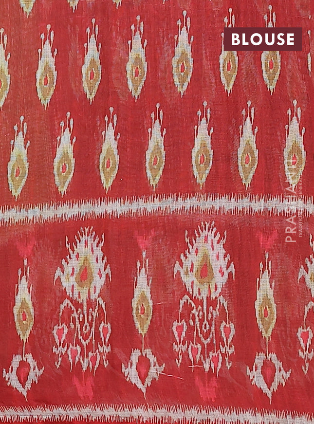 Semi linen saree mustard green and red with allover ikat prints and long printed border