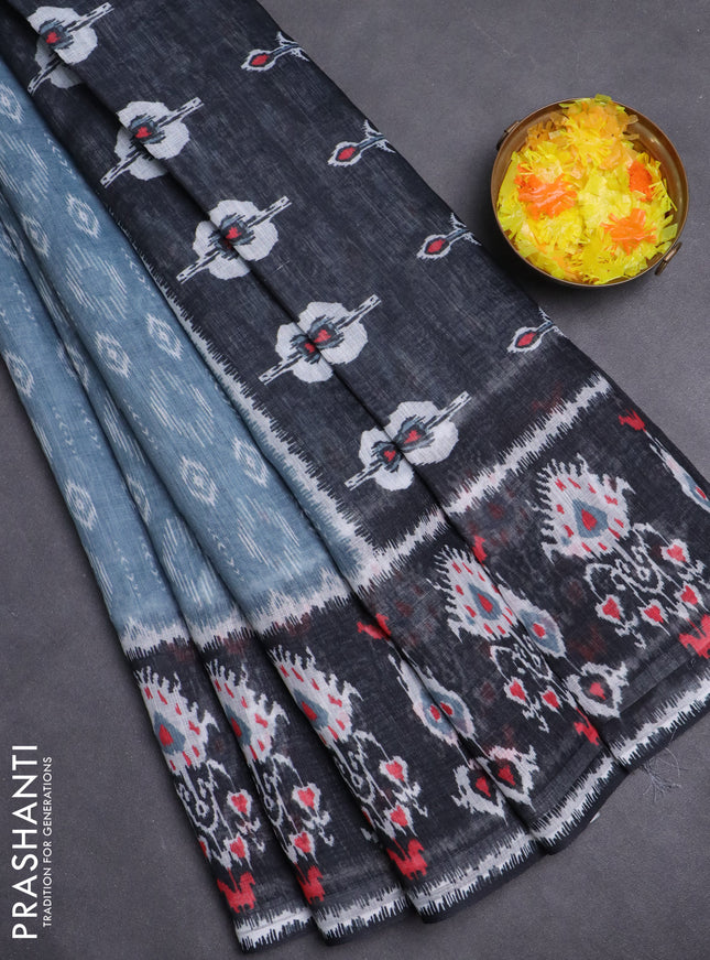 Semi linen saree grey and black with allover ikat prints and long printed border