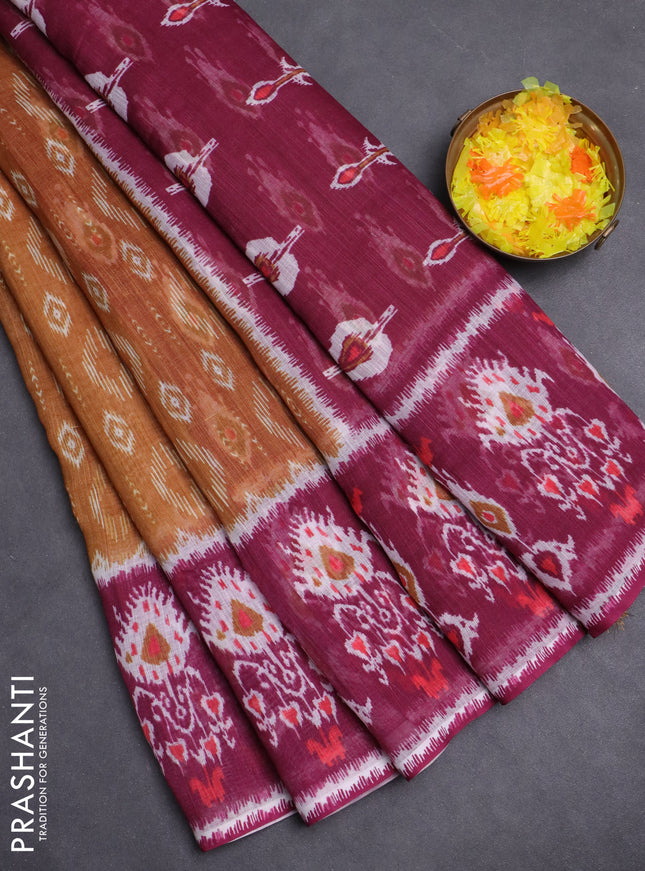 Semi linen saree dark mustard and wine shade with allover ikat prints and long printed border