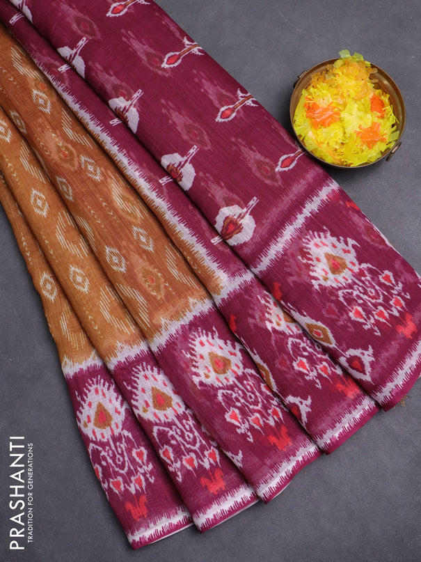 Semi linen saree dark mustard and wine shade with allover ikat prints and long printed border