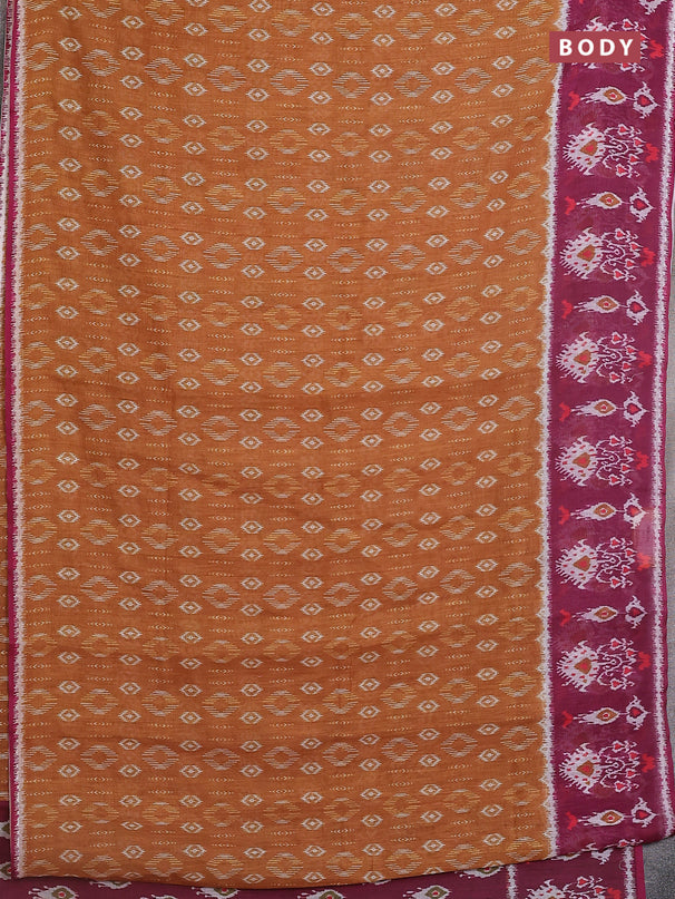 Semi linen saree dark mustard and wine shade with allover ikat prints and long printed border