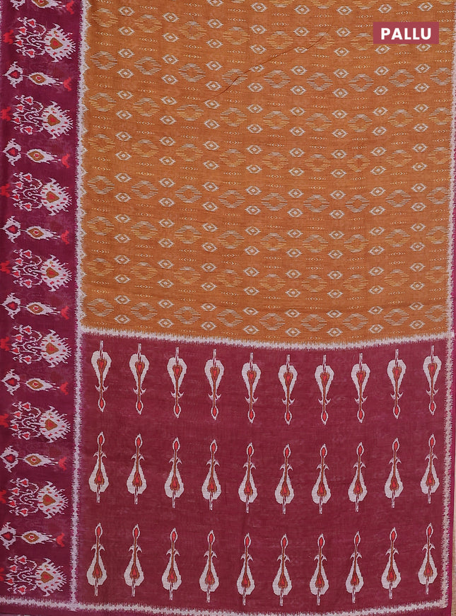 Semi linen saree dark mustard and wine shade with allover ikat prints and long printed border