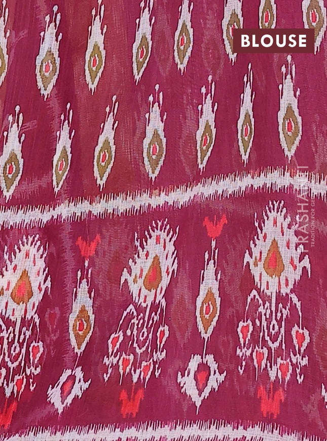 Semi linen saree dark mustard and wine shade with allover ikat prints and long printed border