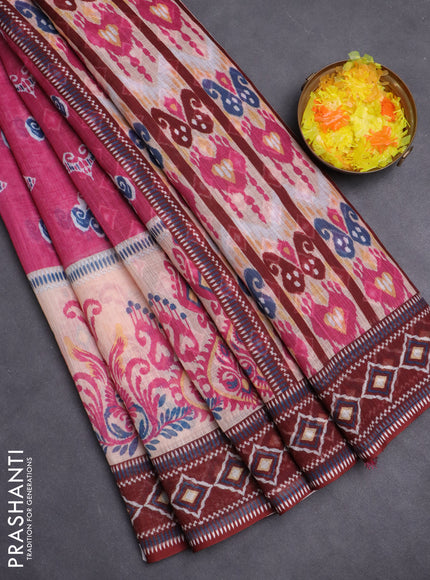 Semi linen saree pink and brown with allover ikat butta prints and printed border