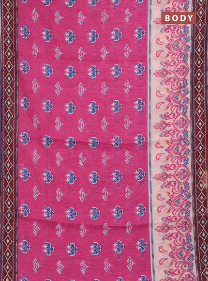 Semi linen saree pink and brown with allover ikat butta prints and printed border