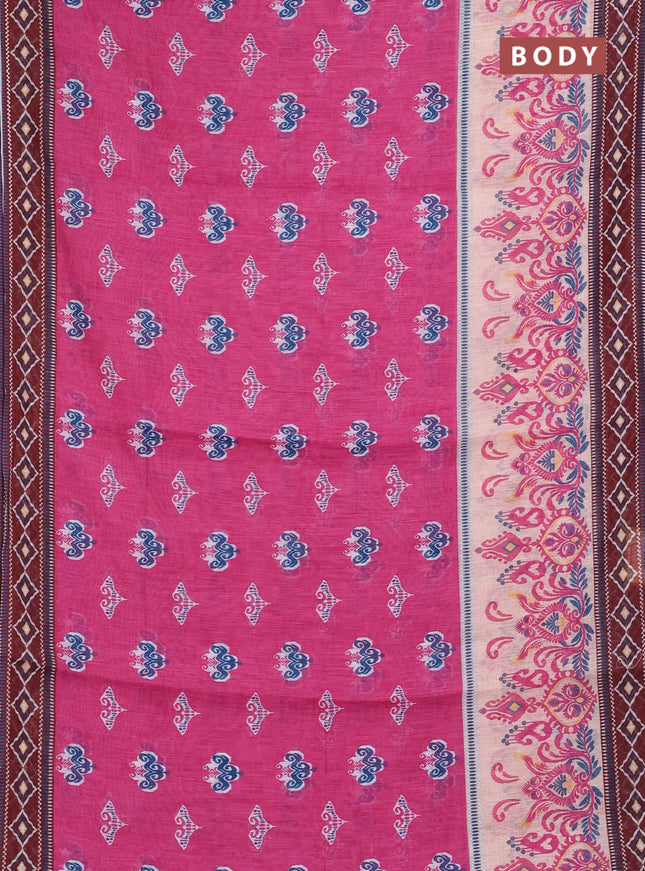 Semi linen saree pink and brown with allover ikat butta prints and printed border