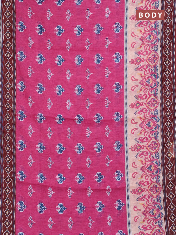 Semi linen saree pink and brown with allover ikat butta prints and printed border