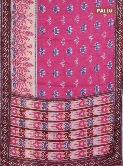 Semi linen saree pink and brown with allover ikat butta prints and printed border