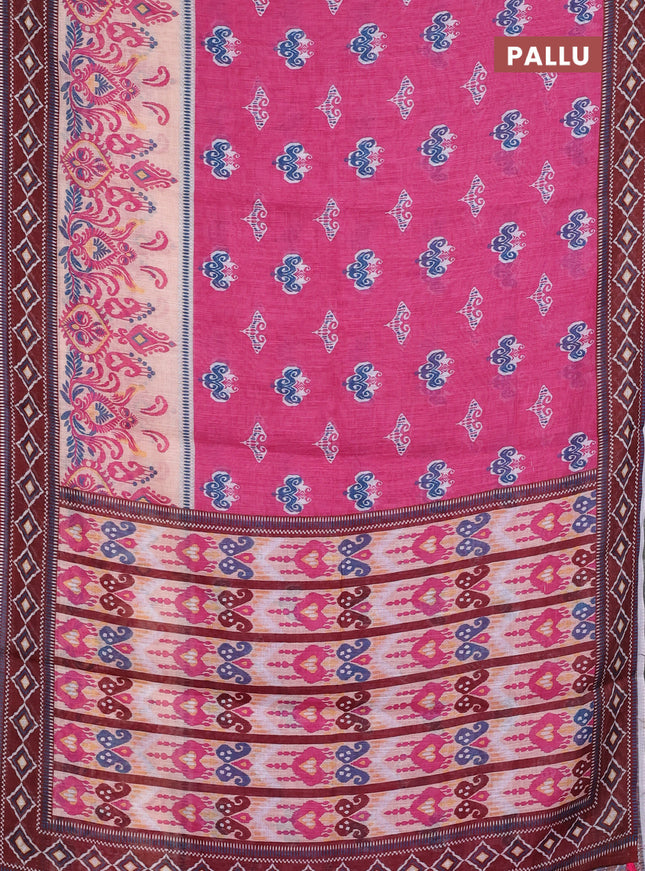 Semi linen saree pink and brown with allover ikat butta prints and printed border