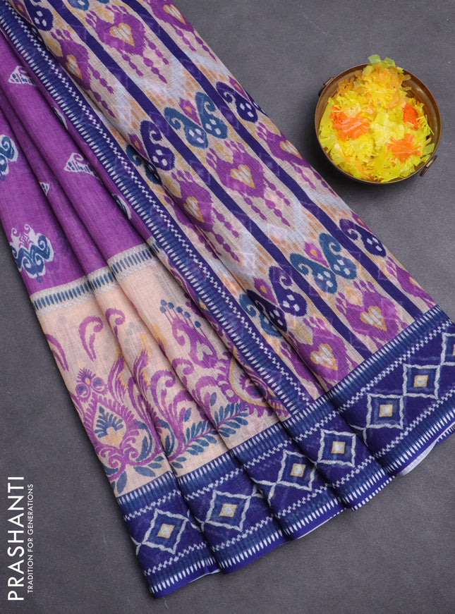 Semi linen saree lavender and blue with allover ikat butta prints and printed border