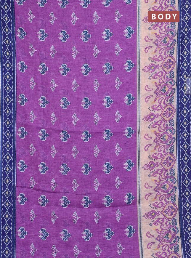 Semi linen saree lavender and blue with allover ikat butta prints and printed border