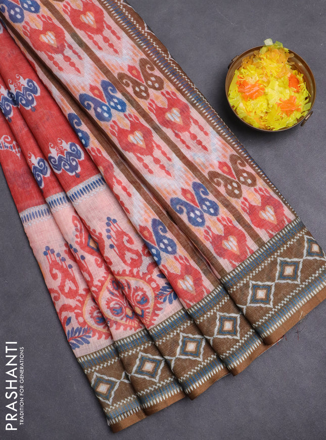 Semi linen saree orange and dark mehendi green with allover ikat butta prints and printed border