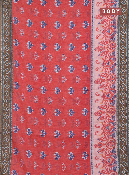 Semi linen saree orange and dark mehendi green with allover ikat butta prints and printed border