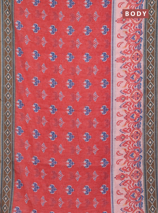 Semi linen saree orange and dark mehendi green with allover ikat butta prints and printed border