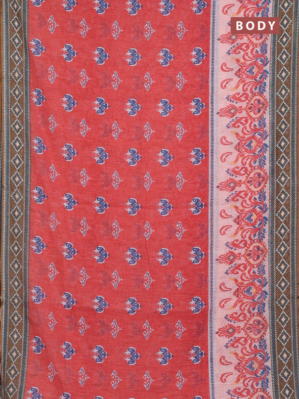 Semi linen saree orange and dark mehendi green with allover ikat butta prints and printed border