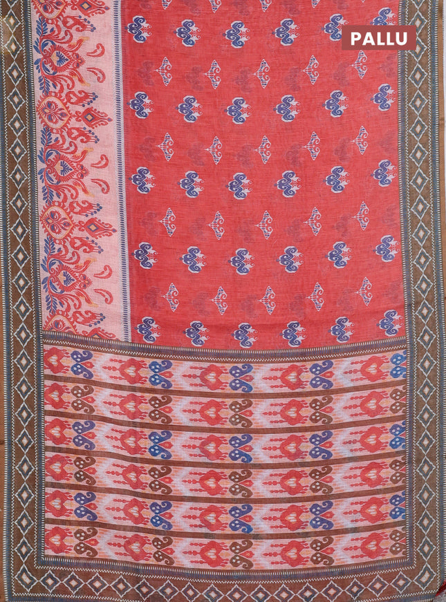 Semi linen saree orange and dark mehendi green with allover ikat butta prints and printed border