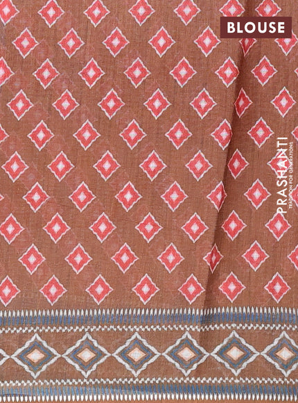 Semi linen saree orange and dark mehendi green with allover ikat butta prints and printed border