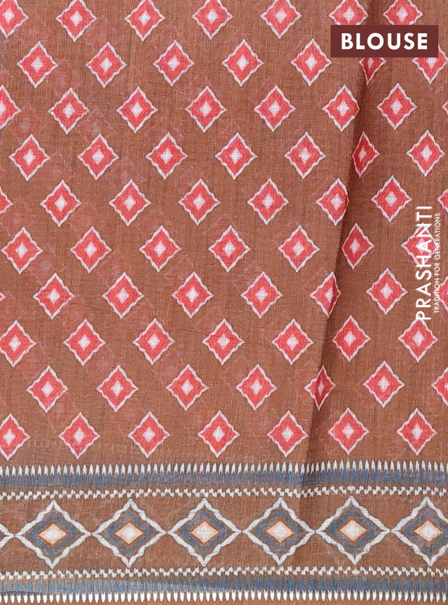 Semi linen saree orange and dark mehendi green with allover ikat butta prints and printed border