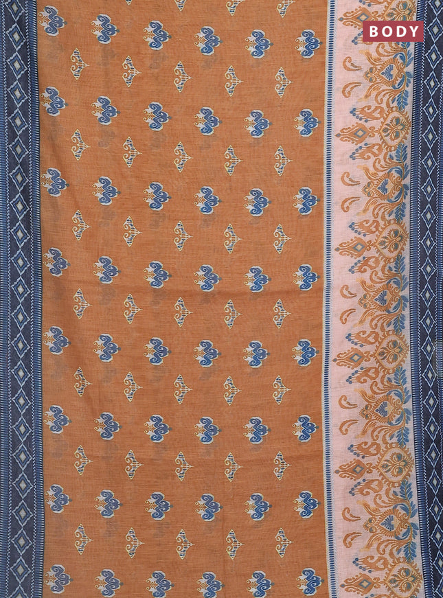 Semi linen saree dark mustard and elephant grey with allover ikat butta prints and printed border