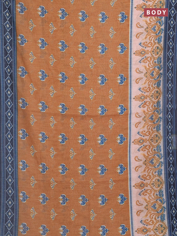 Semi linen saree dark mustard and elephant grey with allover ikat butta prints and printed border