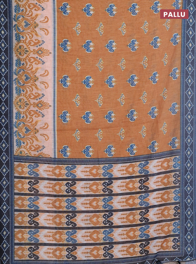 Semi linen saree dark mustard and elephant grey with allover ikat butta prints and printed border