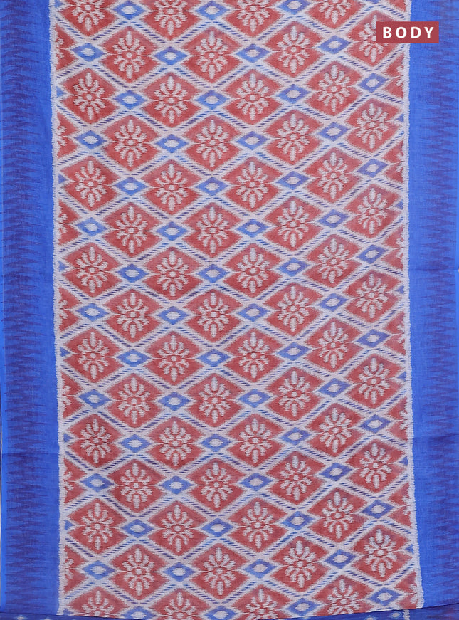 Semi linen saree off white rust and blue with allover ikat prints and printed border