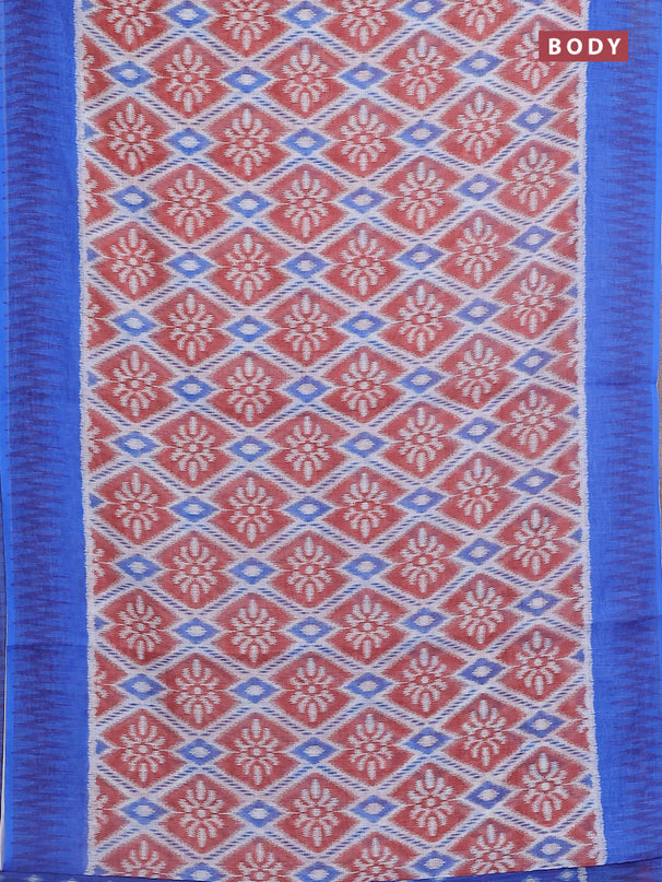 Semi linen saree off white rust and blue with allover ikat prints and printed border