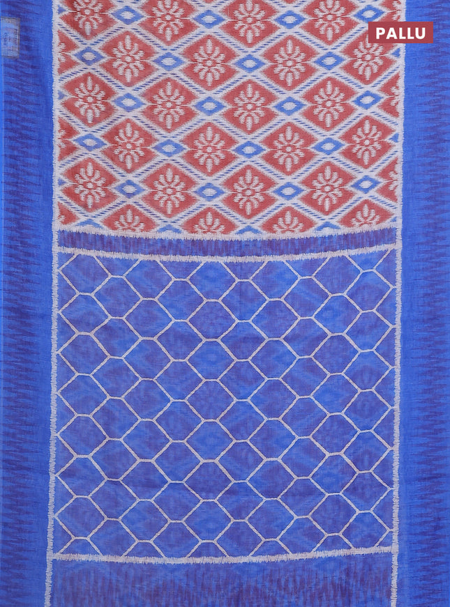 Semi linen saree off white rust and blue with allover ikat prints and printed border