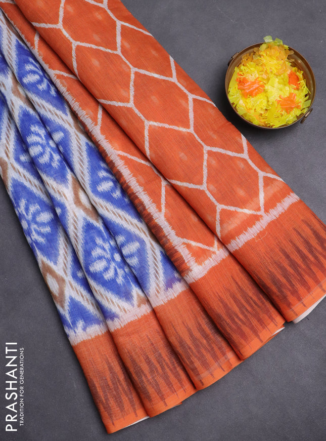 Semi linen saree blue and orange with allover ikat prints and printed border