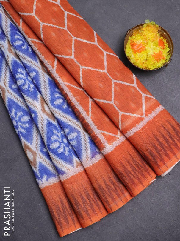 Semi linen saree blue and orange with allover ikat prints and printed border