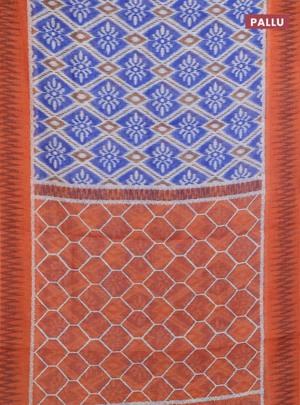 Semi linen saree blue and orange with allover ikat prints and printed border