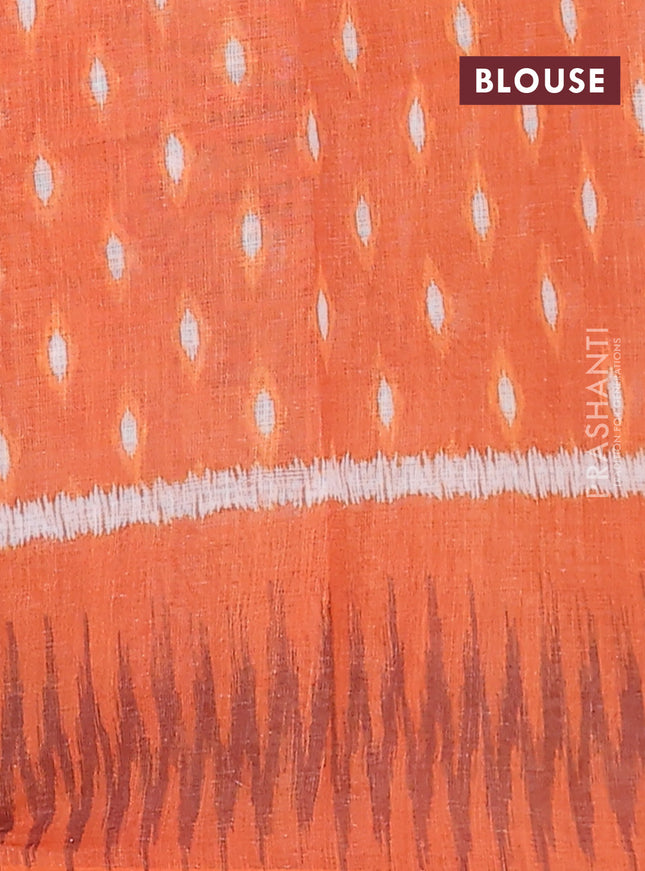 Semi linen saree blue and orange with allover ikat prints and printed border