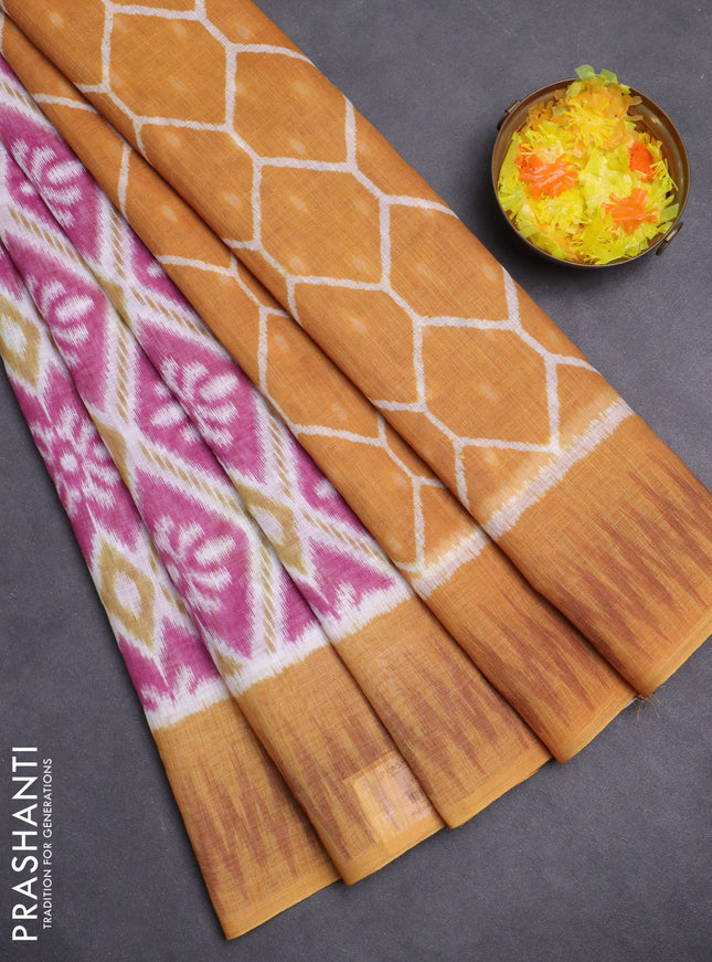 Semi linen saree off white pink and mustard yellow with allover ikat prints and printed border