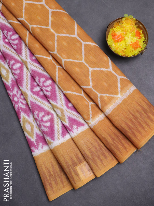 Semi linen saree off white pink and mustard yellow with allover ikat prints and printed border