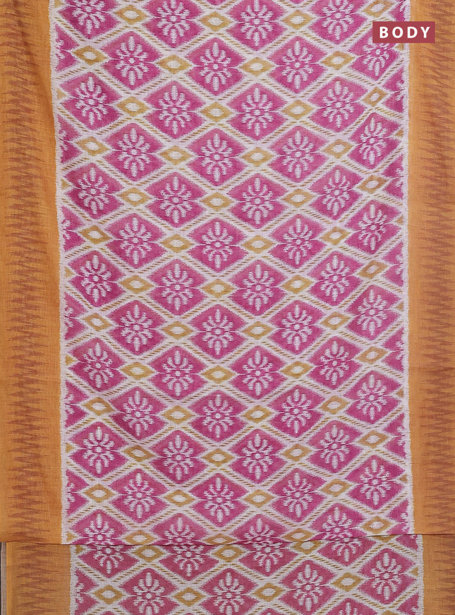 Semi linen saree off white pink and mustard yellow with allover ikat prints and printed border