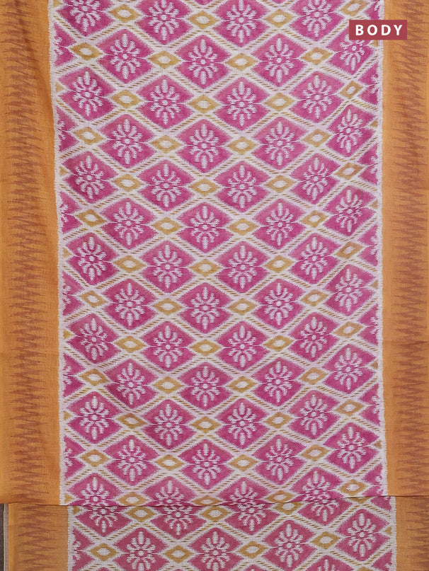 Semi linen saree off white pink and mustard yellow with allover ikat prints and printed border