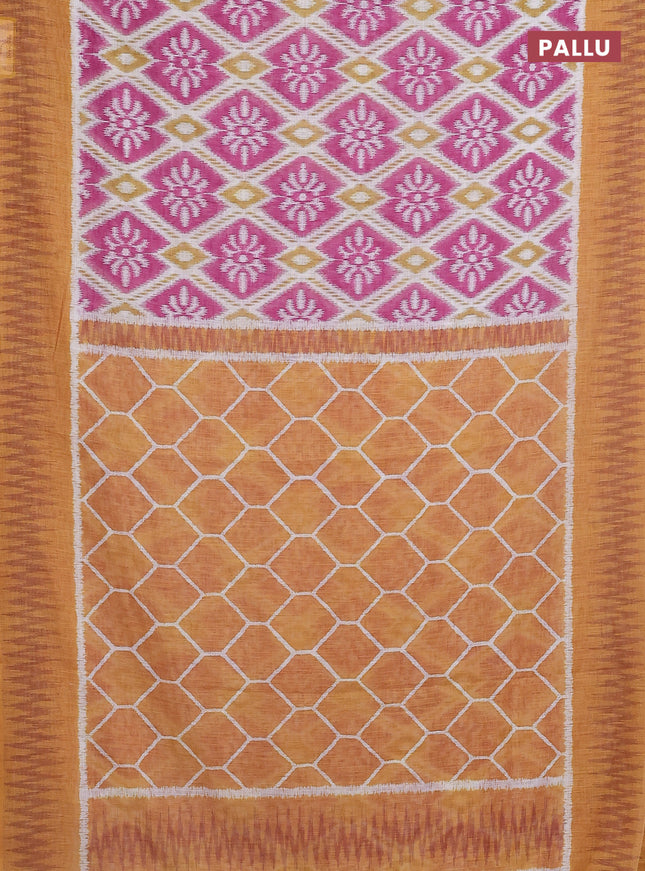 Semi linen saree off white pink and mustard yellow with allover ikat prints and printed border