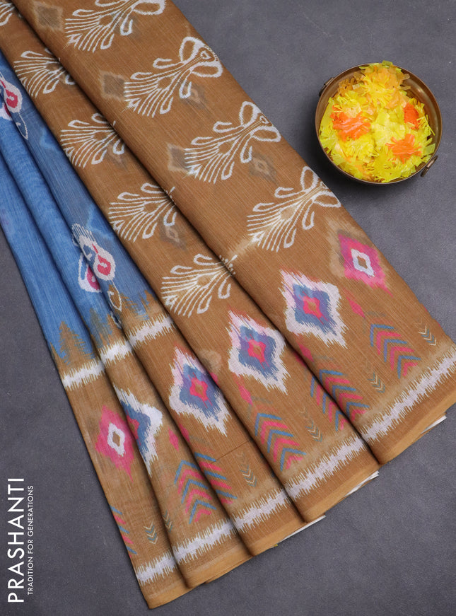 Semi linen saree blue and dark mustard with allover ikat butta prints and long printed border