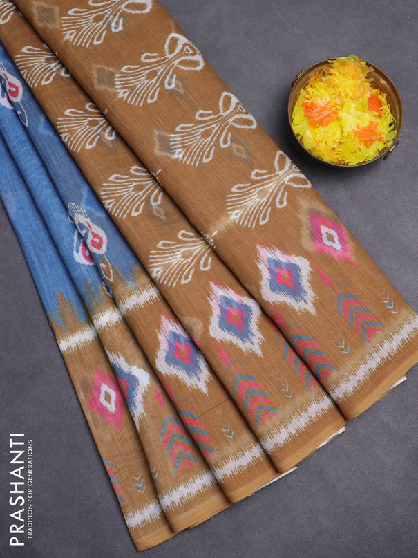 Semi linen saree blue and dark mustard with allover ikat butta prints and long printed border