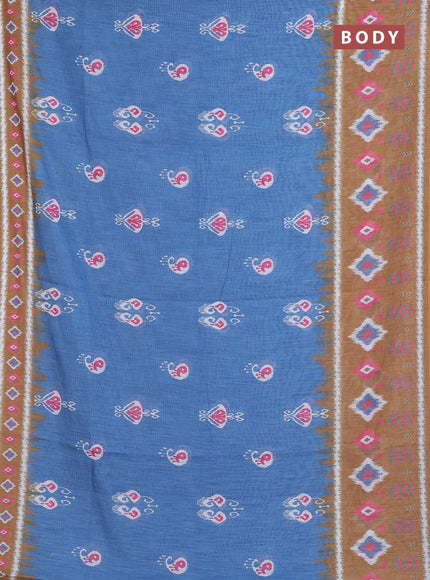 Semi linen saree blue and dark mustard with allover ikat butta prints and long printed border