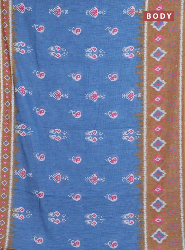 Semi linen saree blue and dark mustard with allover ikat butta prints and long printed border